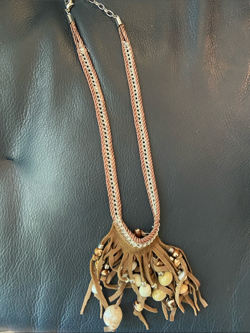 Boho Fringe Necklace with Beaded Tassels - Brown & Gold